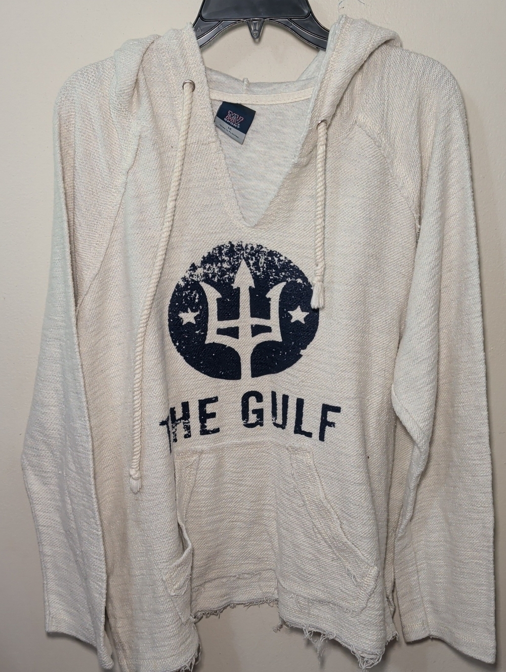 MV Sport Cream Textured "The Gulf" Hoodie with Navy Logo Oversized Womens Size M